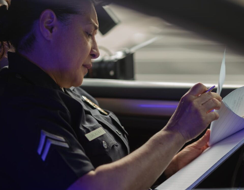 O que fazer se sua CNH for suspensa? A female police officer sits in a patrol car, focused on writing a report during daylight.